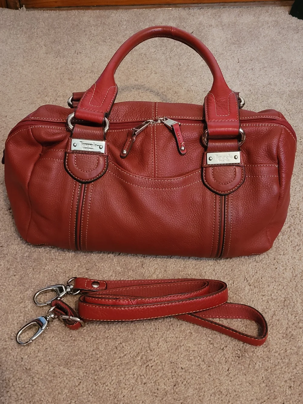 Tignanello Brick Red Leather Satchel with Detachable Strap